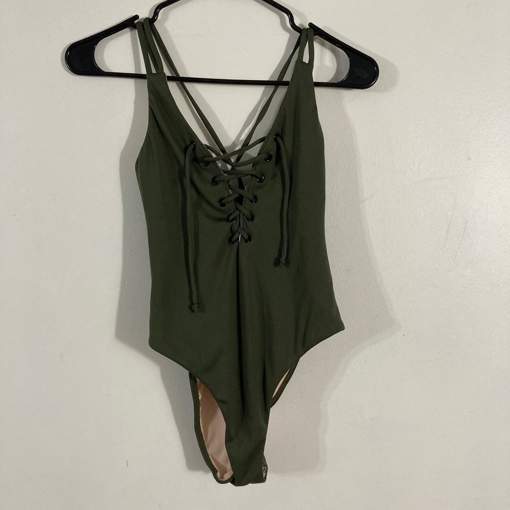 L.A.‎ Hearts One Piece Swimsuit Womens XS Olive Green Excellent Ribbed Lace-Up